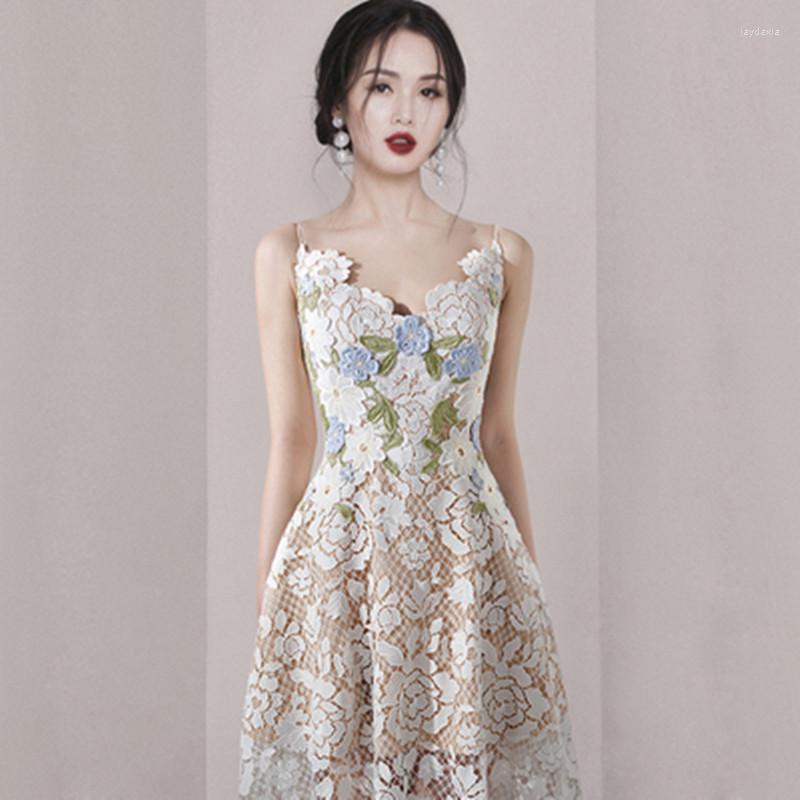 Casual Dresses Summer Temperament Suspender V-Neck Long Dress Women Fashion Patchwork Embroidered Lace Vestidos