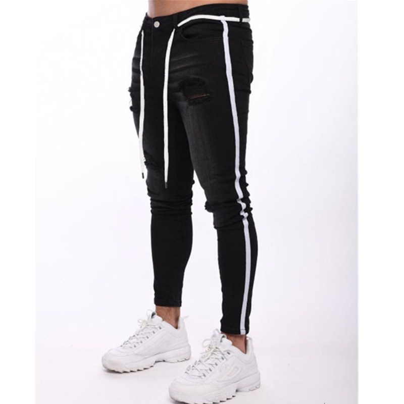 Mens Jeans Men Skinny Biker Destroyed Frayed Fit Denim Ripped Side Stripe Pencil Pants Hip Hop Streetwear S3XL 230420