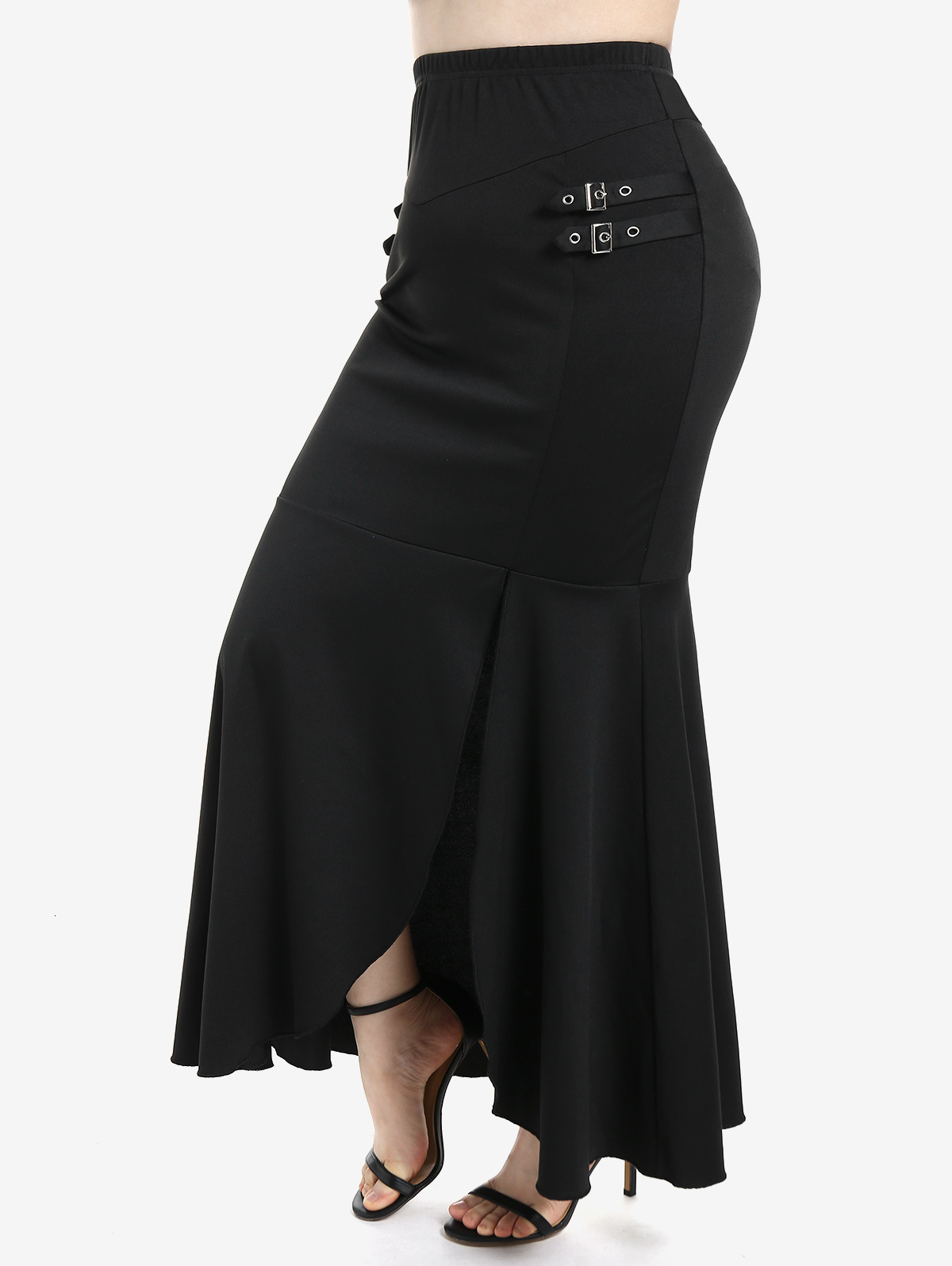 Skirts ROL Buckles Slit Bodycon Maxi Black High Waisted Flounce Pull On For Women Streetwear Sexy Split Long 5XL 230420