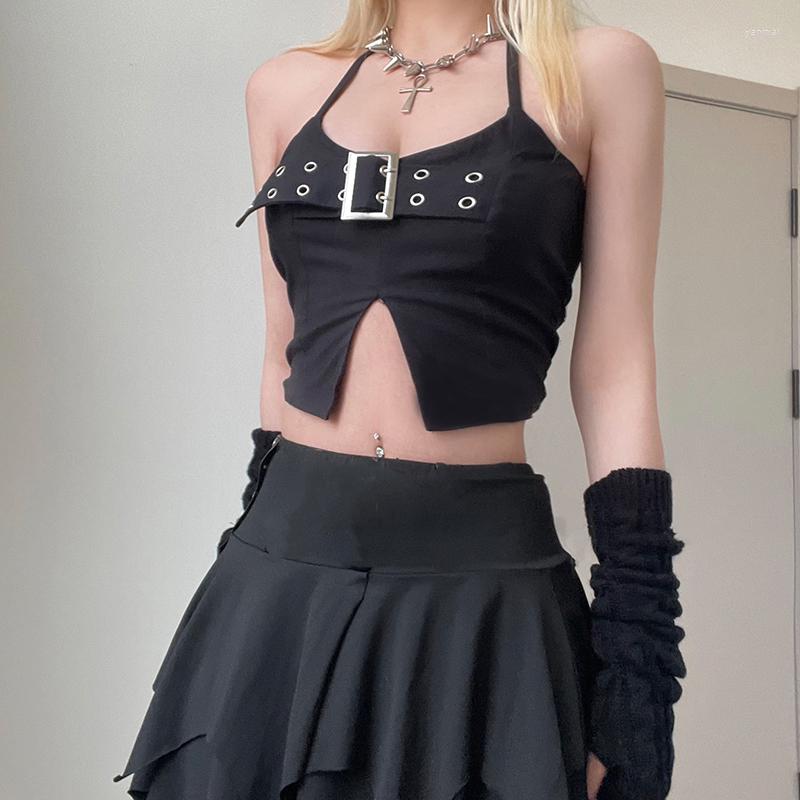Women's Tanks SUCHCUTE Gothic Button Patchwork Crop Tops Women Grunge Dark Academic Tank Top Sexy Streetwear Punk Style Split Hem Clothes
