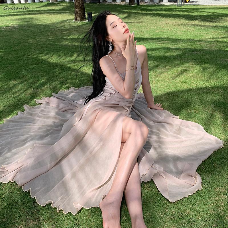 Casual Dresses Women Summer Bandage Backless Chiffon Beach Dress Fashion Sleeveless Spaghetti Strap Long Dress Korean Elegant Party Dresses 230420