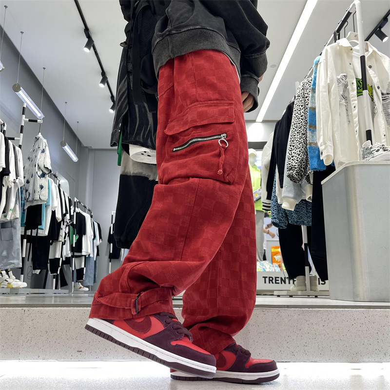 Mens Jeans Japanese Chessboard Checker Fashion Street Hip Hop Loose Straight Wide Leg Pants Couple Outerwear Red Black 230420