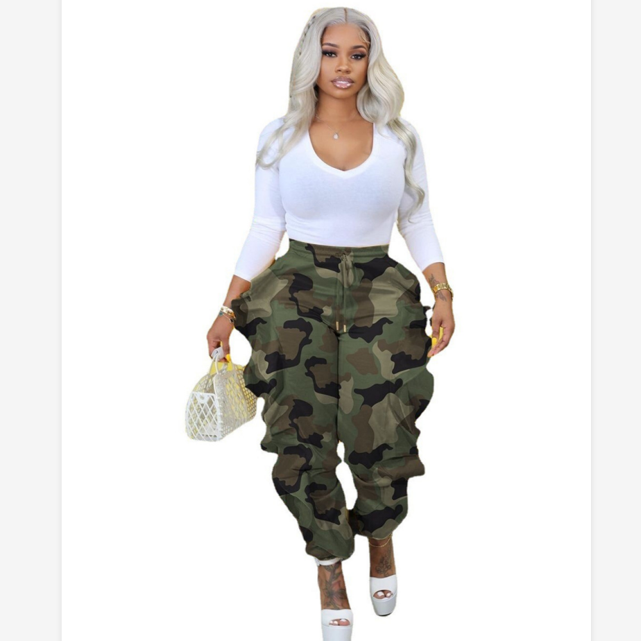 Designer Camo Pants Women Ruffles Pants Spring Summer Camouflage Trousers Fashion Stretchy Loose Pants Streetwear Bulk Clothes 9752
