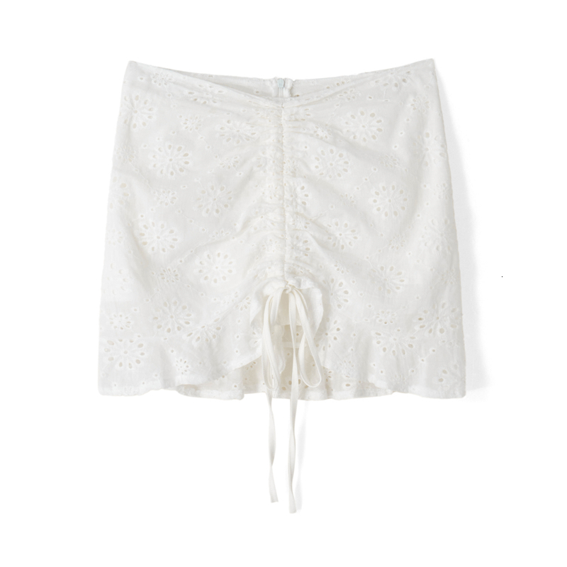Skirts Xingqing Pleated y2k Aesthetic Women Floral Drawstring High Waist Ruffle Cutout White Mini Summer Streetwear 230420