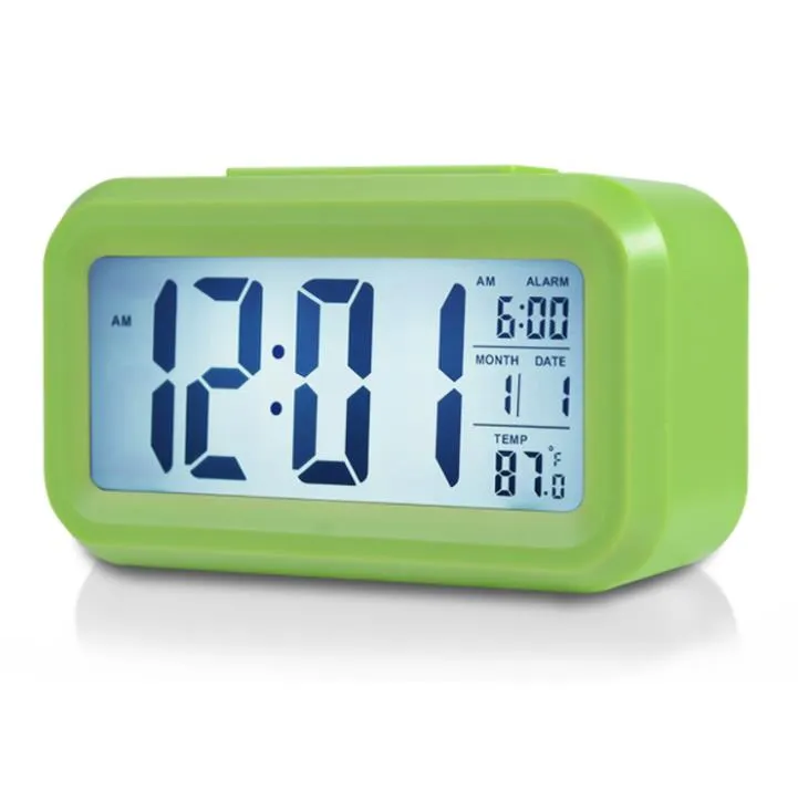 Plastic Mute Alarm Clock LCD Smart Temperature Cute Photosensitive Bedside Digital Alarms Clocks Snooze Nightlight Calendar