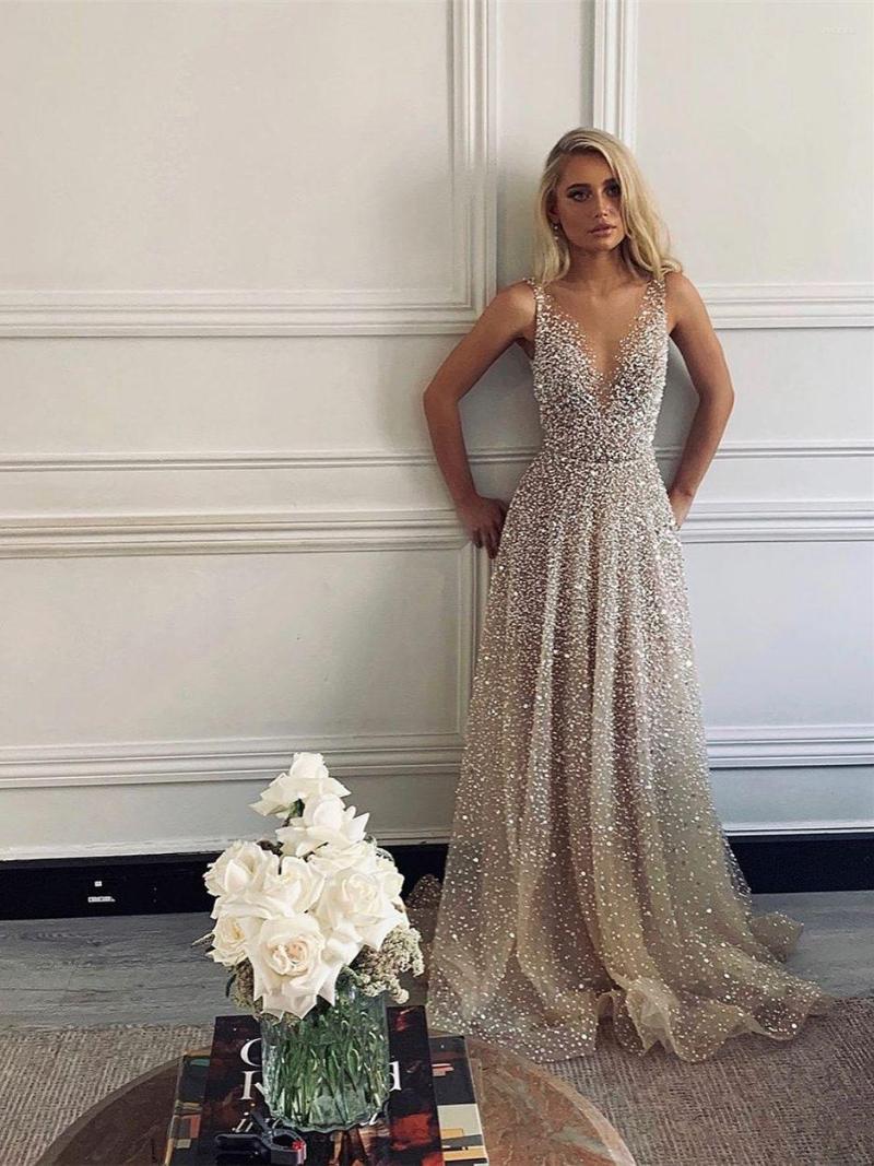 Casual Dresses Luxury Gold Sequins Beads Prom Sleeveless V-Neck A-line Wedding Woman Party Evening Gown Cocktail Dress Vestidos Fashion