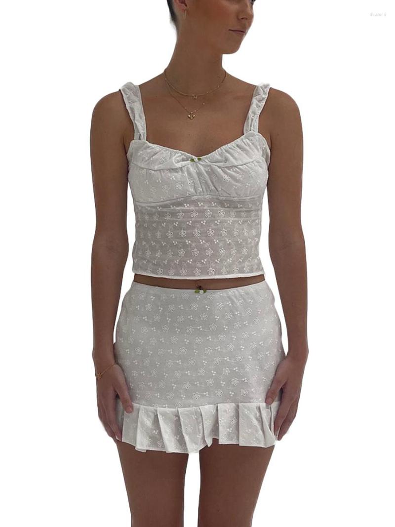 Women's Tanks Women Summer 2 Pieces Outfits Lace Flower Sleeveless Tie-Up Backless Sling Tank Tops Wrapped Hip Mini Pleated Skirts Set