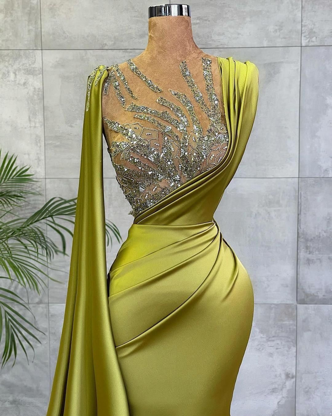 Arabic Lemon Green Mermaid Prom Dresses Mesh Top Sequin Beads Ruched Evening Ocn Wear Gowns Sheer Neck Sweep Train Robe De Custom Made Dress