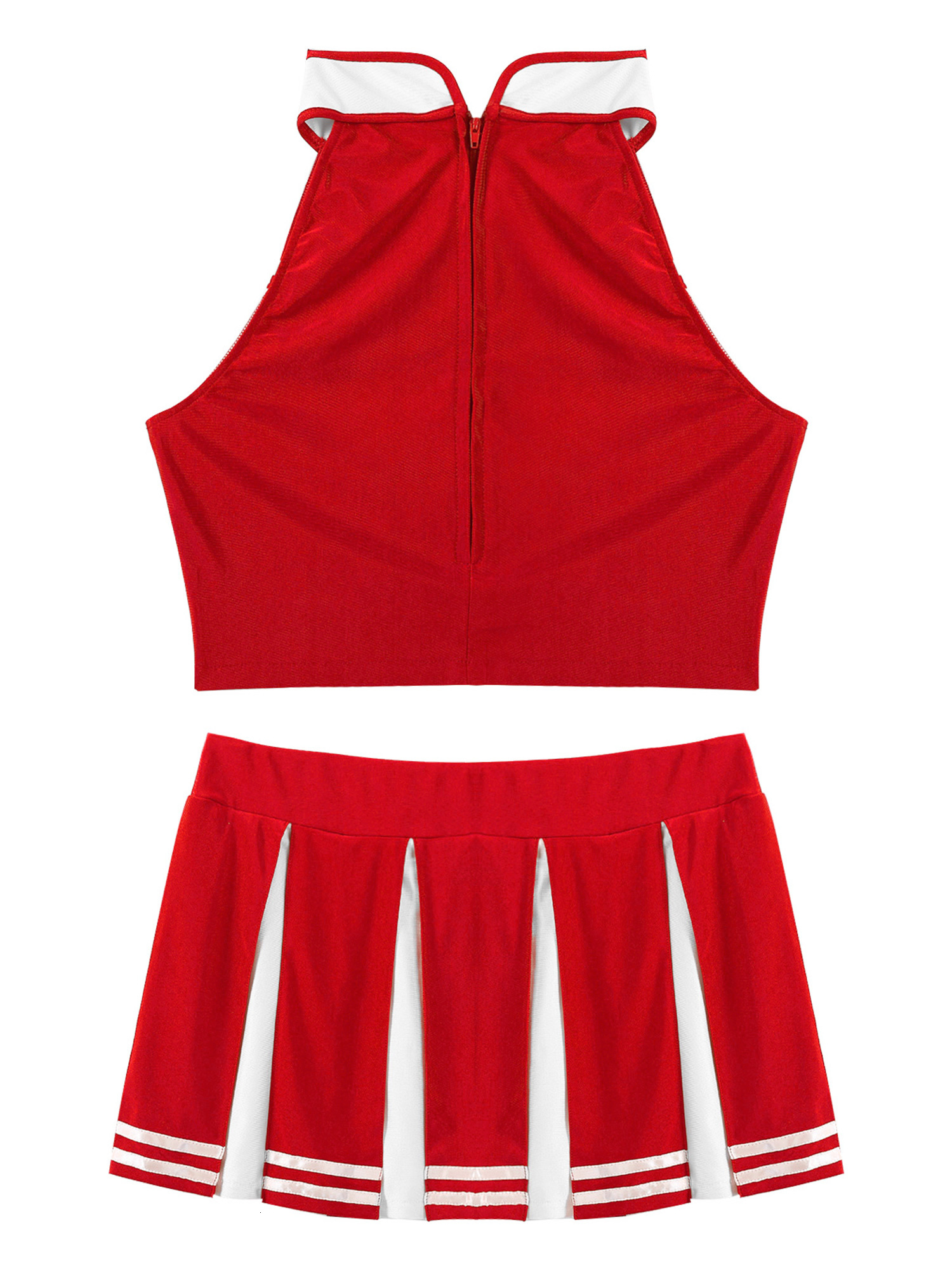 Cheerleading 2Pcs Womens Adults Cheerleading Costume Uniform Carnival Cosplay Outfit Stand Collar Sleeveless Crop Top with Mini Pleated Skirt 230420