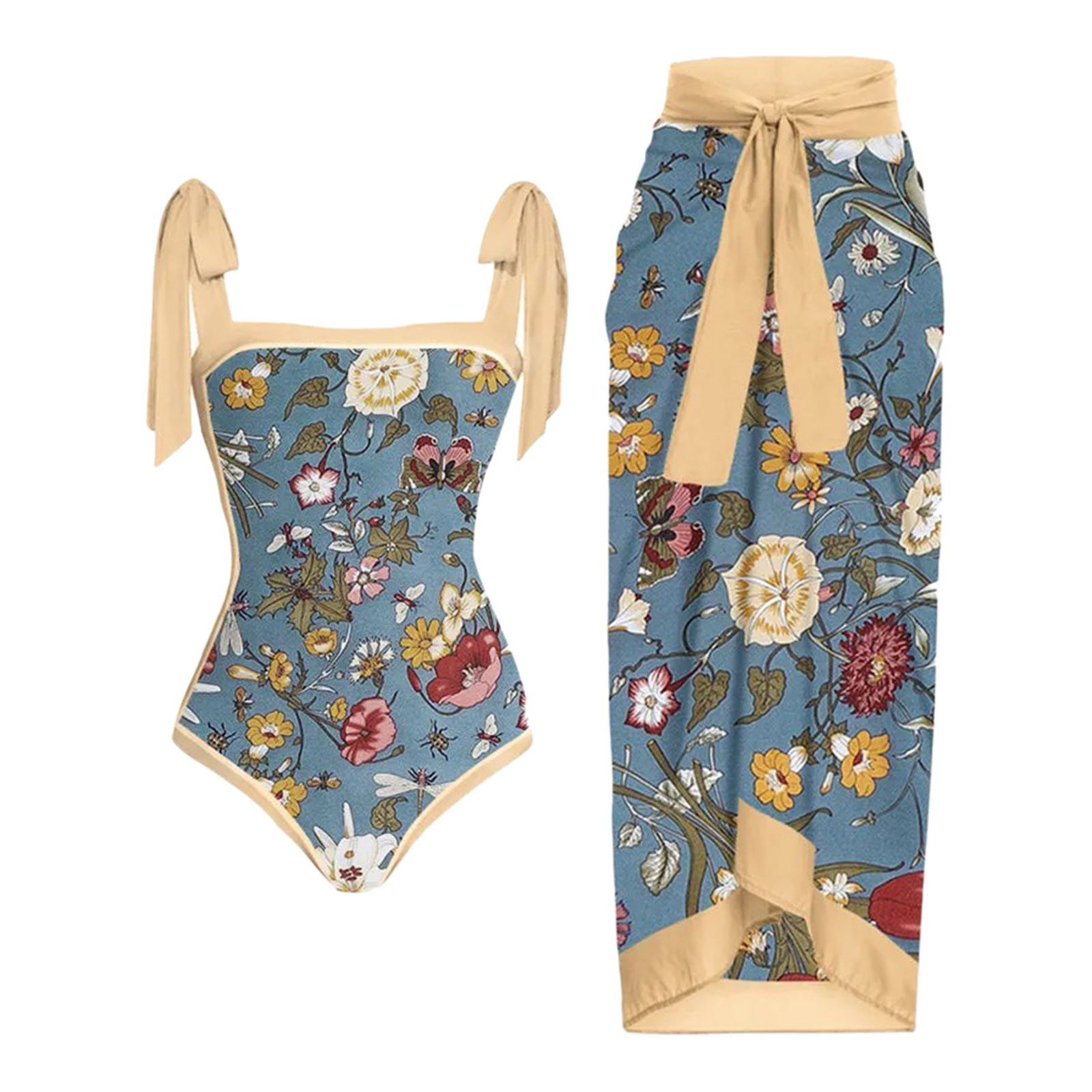 Women's Swimwear Women Vintage Colorblock Abstract Floral Print 1 Piece Swimwear1 Cover UP Two Swimsuit Monokini 230420