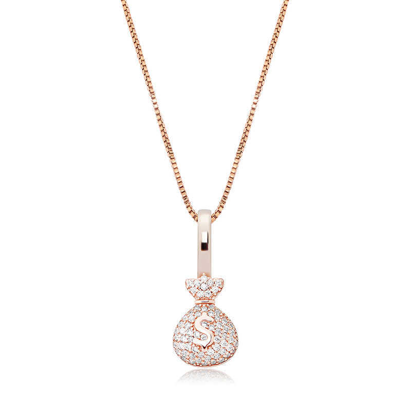 925 Sterling Silver Womens Money Bag Pendant Necklace Rose Gold Dollar Sign Charm Full Cz Cubic Zircon Hip Hop Choker Jewelry Aesthetic Crystal Collar