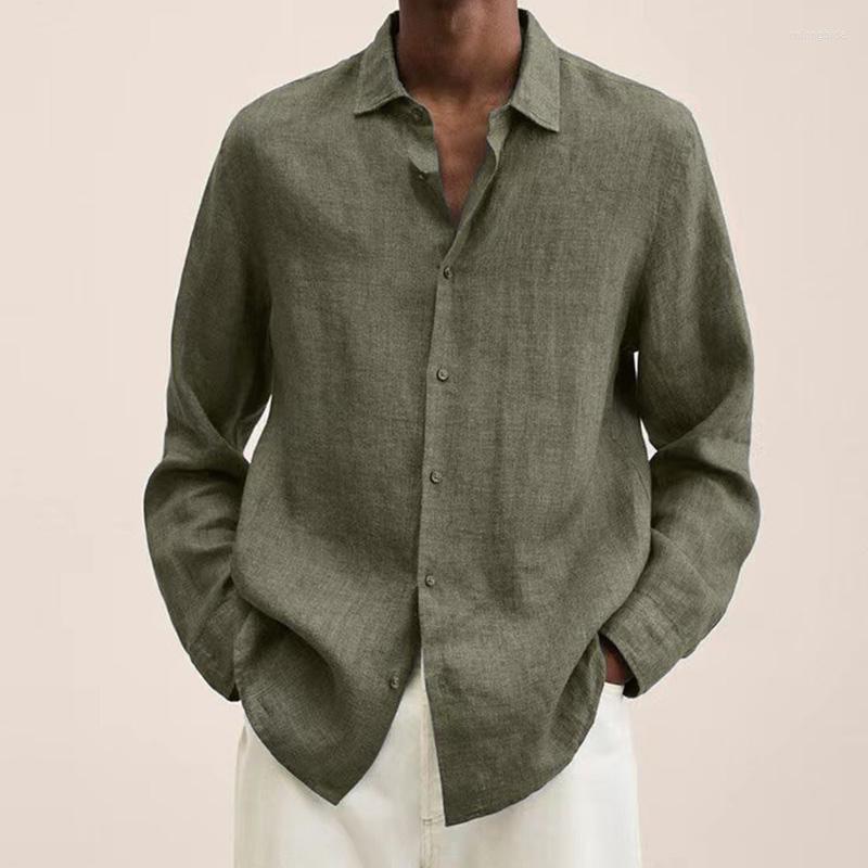 CNLONGBIDA Mens Casual Shirts Spring Cotton Linen Mens Summer Solid Turn-down Collar Long Sleeve Blouse Loose For Men Tops
