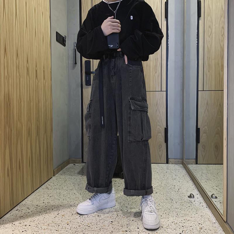 Mens Jeans HOUZHOU Baggy Trousers Male Denim Pants Black Wide Leg Loose Casual Korean Streetwear Hip Hop Harajuku 230420