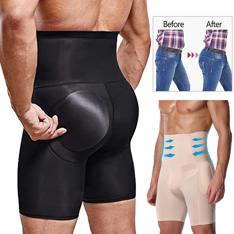 Men's Tracksuits Men Tummy Control Shorts Shapewear High Waist Slimming Body Shaper Girdle Compression Padded Underwear Boxer Briefs 230419
