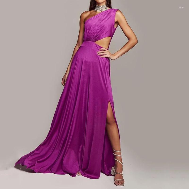 

Casual Dresses Ellafads Women Maxi Dress Elegant Solid One Shoulder Sleeveless Hollow Out Nipped Waist Slim Slit Evening Streetwear, Purple