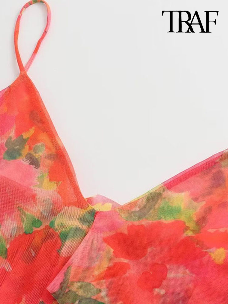 Casual Dresses TRAF Women Fashion With Ruffled Printed Tulle Mini Dress Vintage Backless Thin Straps Female Vestidos Mujer 230420