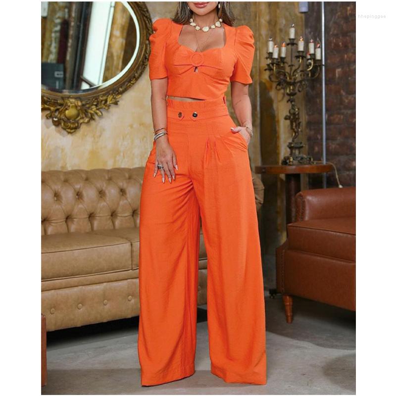 Women' Two Piece Pants Women Tracksuit Outfits Suit Elegant Fashion Puff Sleeve V Neck Crop Top Shirt & High Waist Wide Leg Set, Orange
Women' Two Piece Pants Women Tracksuit Outfits Suit Elegant Fashion Puff Sleeve V Neck Crop Top Shirt & High Waist Wide Leg Set, Orange