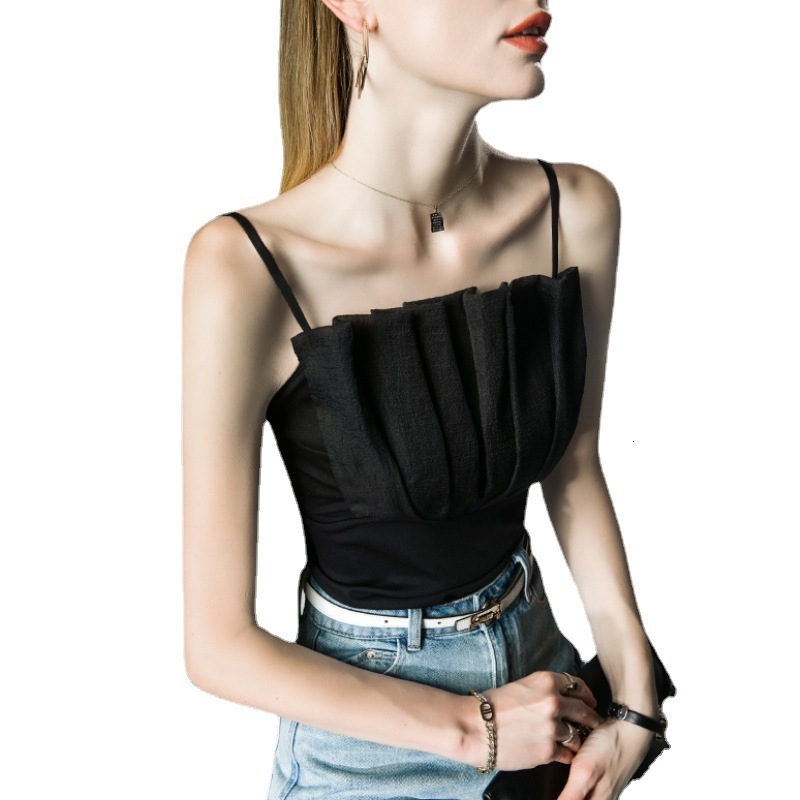 Camisoles Tanks Girls Elegant Camisole Tops Women's Pleated Tube Top Short Tanks Female Folds Stretchy Fashion Camis 230420