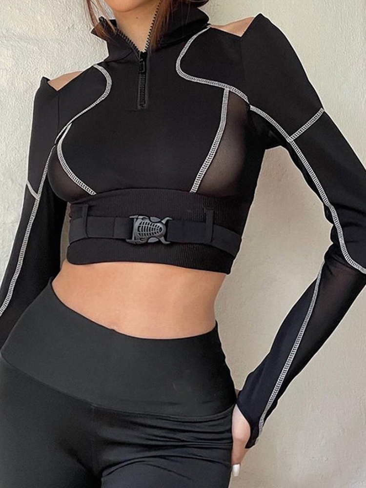 Women's T-Shirt Techwear Grunge Black Buckle Patchwork T-shirts Women Punk Sexy Open Shoulder Skinny Cropped Tops Hip Hop Streetwear 230419
