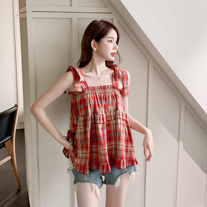 Camisoles Tanks Plaid Sleeveless T-shirt Top Women Vest Summer New Sweet and Spicy Girl Red Temperament Tank Tops Female Tees 230420