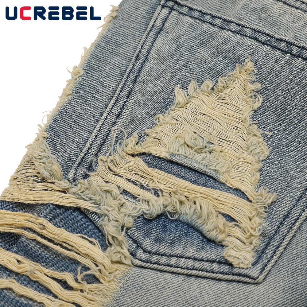 Mens Jeans Ripped Hole Denim Pants Streetwear Raw Edge Baggy High Street Casual Straightleg Men 230420