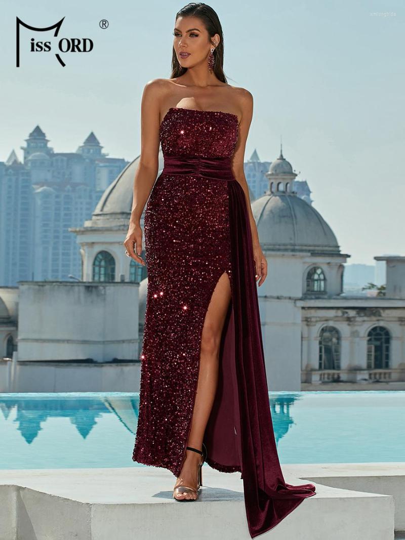 

Casual Dresses Missord Off Shoulder Sleeveless Sequin Velvet Party Dress Elegant Side Slit Thigh Formal Prom Cocktail Women Evening, Wine