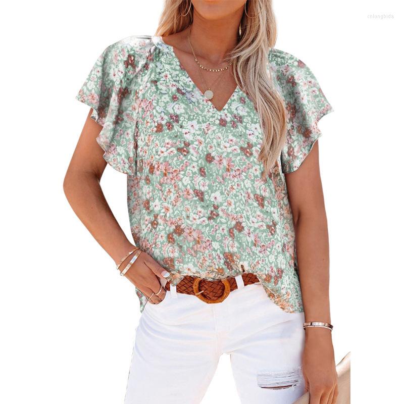 Women's T Shirts 2023 Summer Casual Fashion Vintage Floral Print V-neck Petal Short Sleeve Loose Pullover Shirt Sweet Fresh Blouse Women