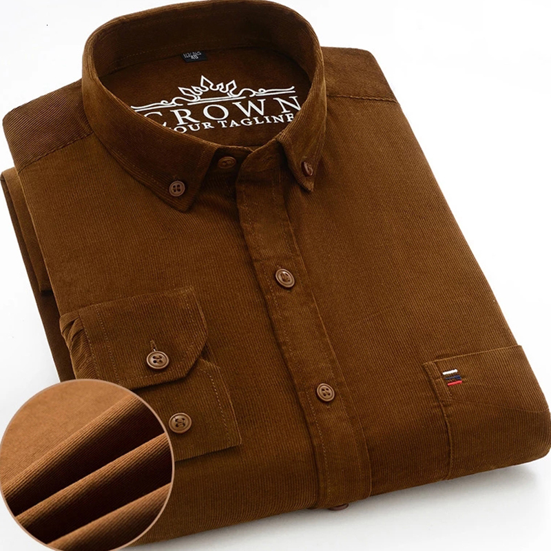 Men's Casual Shirts Plus Size 7XL Corduroy100 Cotton Shirt Mens Long Sleeve Regular Fit Business Dress For Male Comfortable Pocket 230420