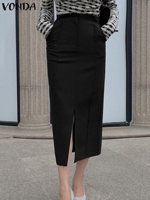 Skirts Summer Women Elegant Long 2023 VONDA Solid Color Midi Casual Loose Office Zipper Fashion Split Party Oversize 230420