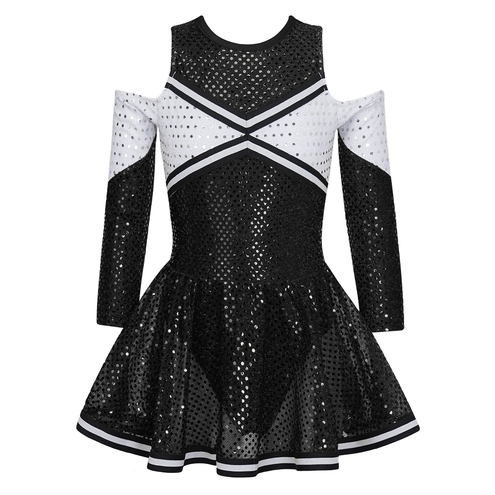 Cheerleading Kids Girls Shiny Sequins Cheerleading Uniform Dance Costume Long Sleeve Off-shoulder Round Neckline Cheerleader Dance Dress 230420