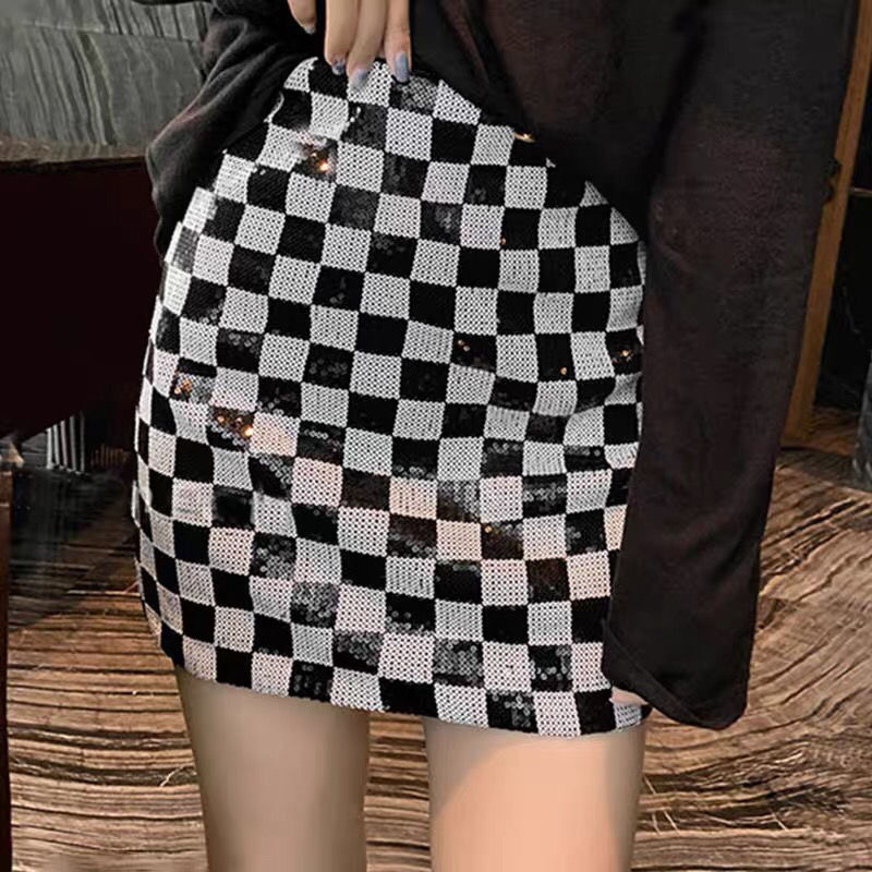 Skirts Spring Mini plaid Fashion Sequined white black Plaid 230420