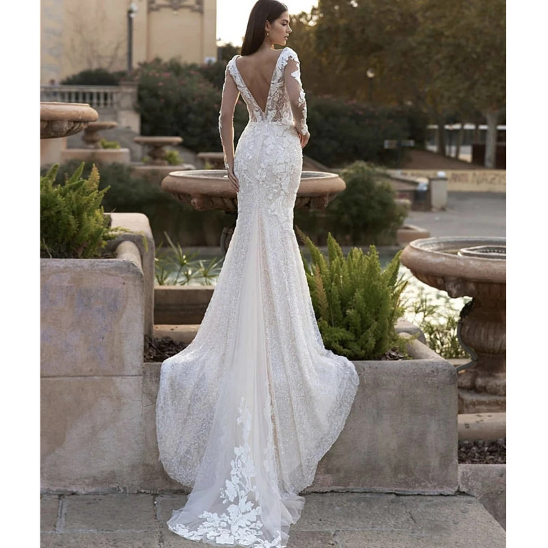 Full Stunning Lace Sleeve Wedding Dresses Sexy Mermaid Deep V Neck Backless Appliques Long Bridal Gowns