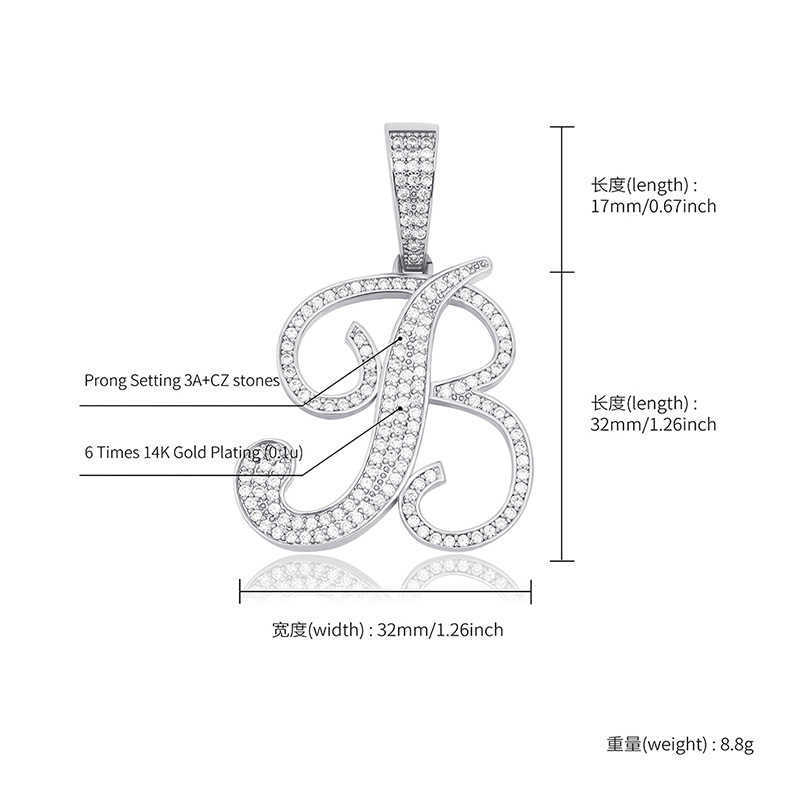 Large Thick Cursive Script Art Initial Letter Pendant Necklace Full Cz Stone Cubic Zirconia Personalized Asthetic A-z English Crystal Collier Jewelry 