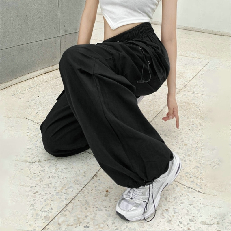 Women's Pants Cargo High Waist Vintage Grey Loose Streetwear Baggy Jeans Retro Sporty Pockets Wide Leg Y2K Denim Trousers 230419