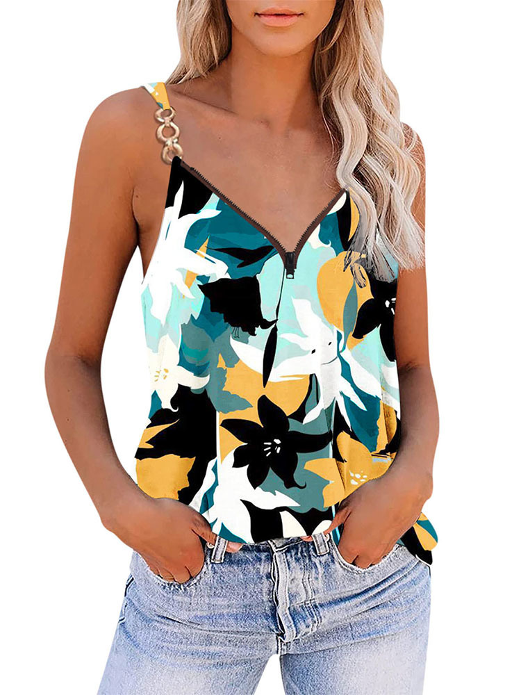 Camisoles Tanks Summer New Fashion Bohemia Beachwear Women's Sleeveless Top Casual Zipper Printed Spaghetti Sexy Vest Tops Female Street Wear 230