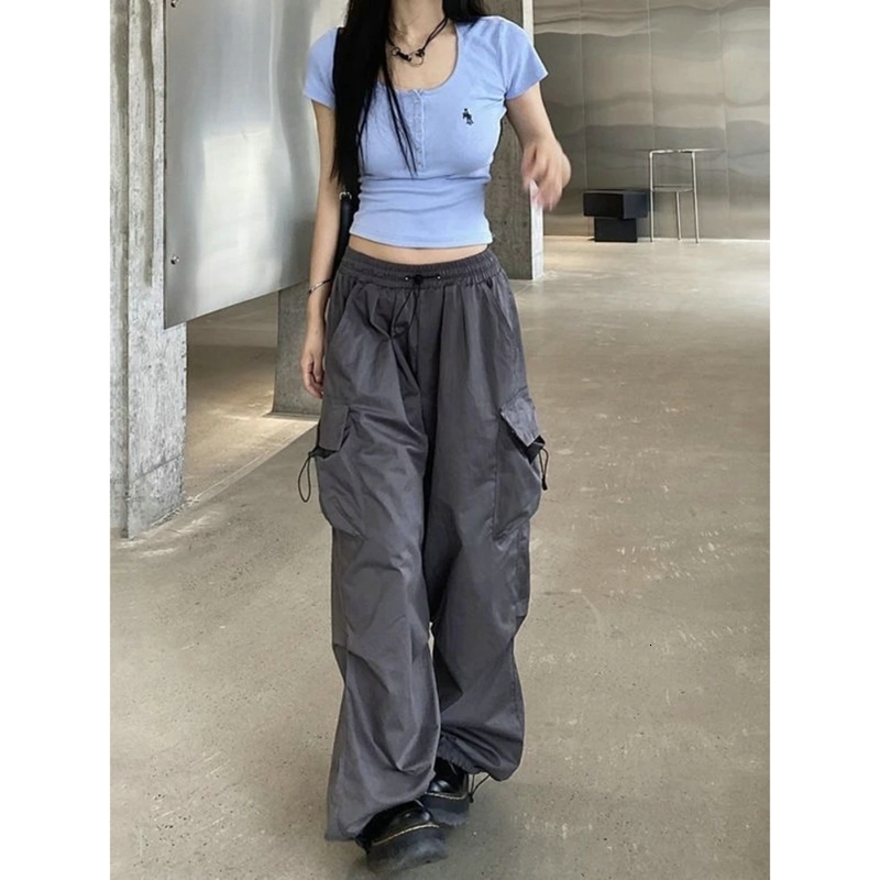 Women's Pants Cargo High Waist Vintage Grey Loose Streetwear Baggy Jeans Retro Sporty Pockets Wide Leg Y2K Denim Trousers 230419