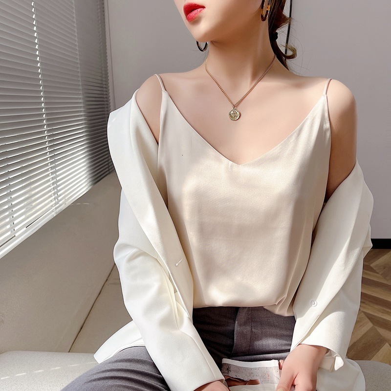 Camisoles Tanks 100 silk real silk summer women's clothing slim v-neck short temperament inner top one-shoulder camisole 230420