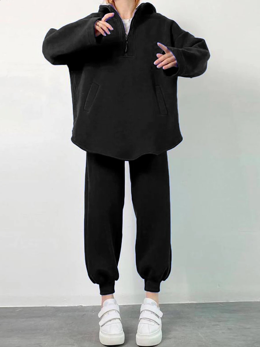 Women's Two Piece Pant 2 Pieces Sporty Tracksuits Fall Winter Solid Color Loose Long Sleeve Zipper Hoodies Sweatshirts and Joggers Pants Outfits 