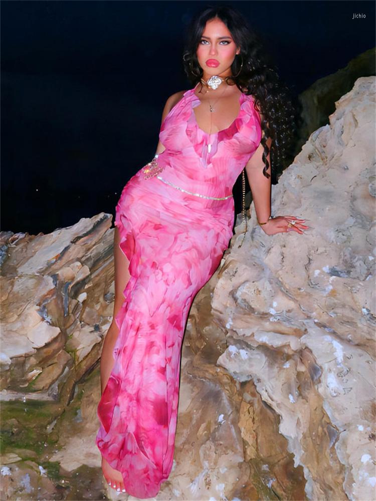 Casual Dresses Tossy Printed Ruffled Lace-Up Midi Dress Female Mesh Patchwork Backless Elegant Party Slim Fashion V-Neck Sexy Tulle Skirt