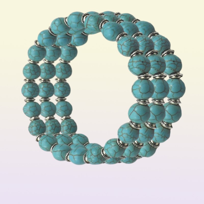 Stretchy 8mm Turquoise Beaded Bracelets With Silver Color Spacer Beads For Women