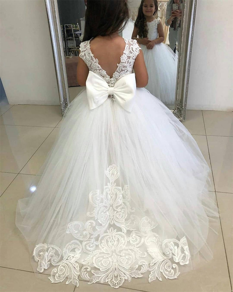 2-14 Years Lace Tulle Flower Girl Bows Children& First Communion Dress Princess Ball Gown Wedding Party Dresses FS9780 420