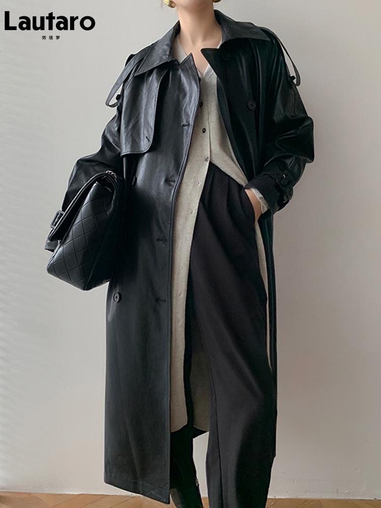 Jackets Lautaro Autumn Long Oversized Black Faux Leather Trench Coat for Women Raglan Long Sleeve Double Breasted Brown Korean Fashion
Jackets Lautaro Autumn Long Oversized Black Faux Leather Trench Coat for Women Raglan Long Sleeve Double Breasted Brown Korean Fashion