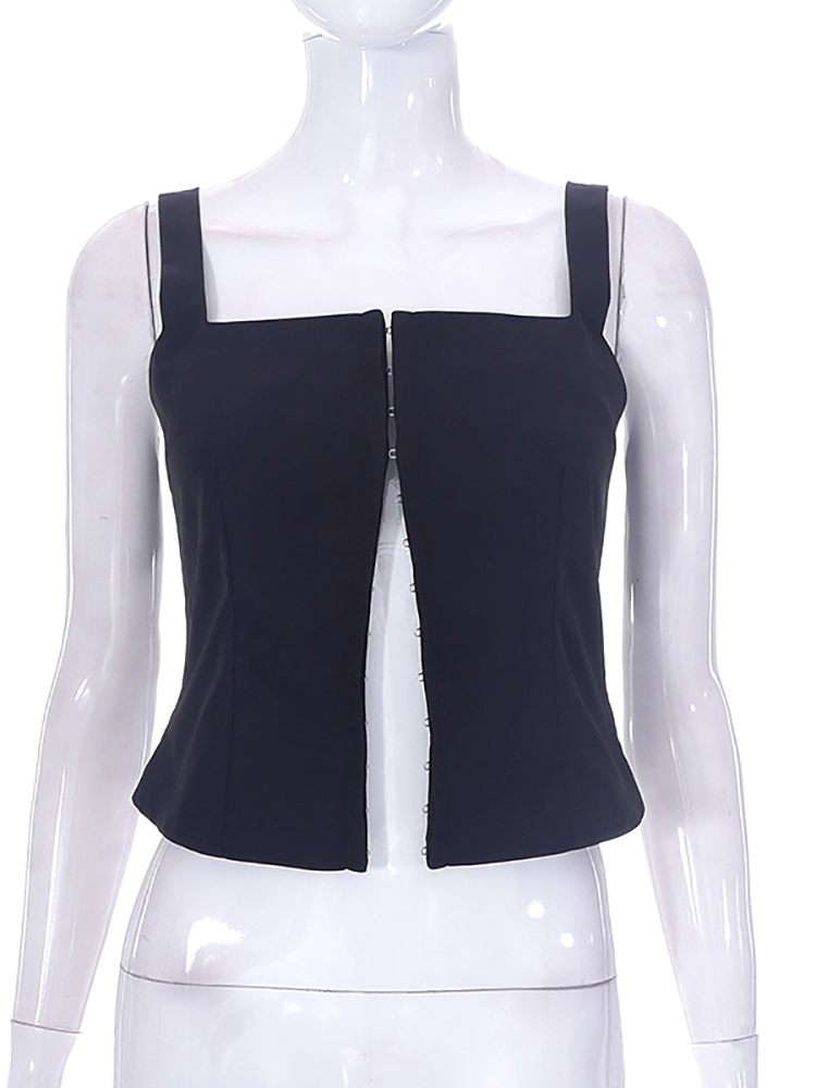 Women's Tanks Camis Fantoye Sexy Low Chest Cardigan Women Top Black Spaghetti Strap Metal Button Female Summer Spicy Girl Streetwear 230419