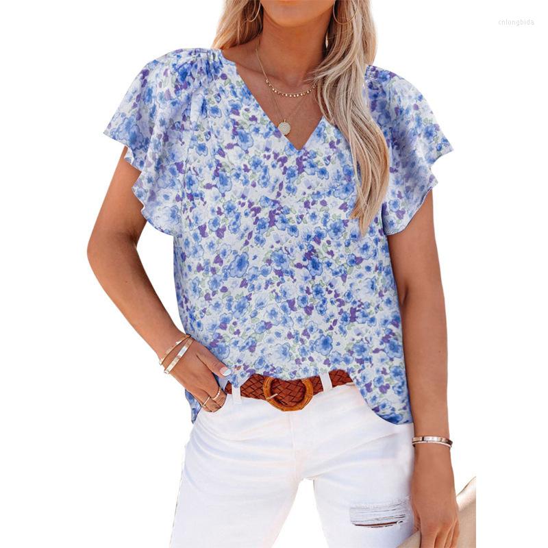 Women's T Shirts 2023 Summer Casual Fashion Vintage Floral Print V-neck Petal Short Sleeve Loose Pullover Shirt Sweet Fresh Blouse Women