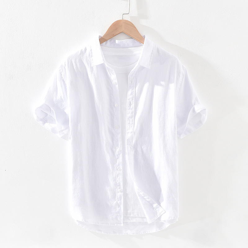 Men's Casual Shirts Pure Linen Short Sleeve Shirt for Men Summer New Japanese Fashion Tops Male Solid Gray Vintage Slim Fit Hemp Shirt 230420