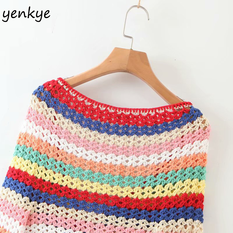 Men's Swimwear Multicolor Striped Crochet Crop Top Women Cross V Neck Short Sleeve Knit Sexy Wrap Femme Summer Boho s blusas LJPZ9279 230420