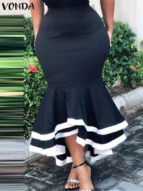 Skirts VONDA Elegant Office Skirt 2023 Women High Waist Ruffled Fishtail Party Sexy Zipper Casual Pleated Color Patchwork Bottom 230420