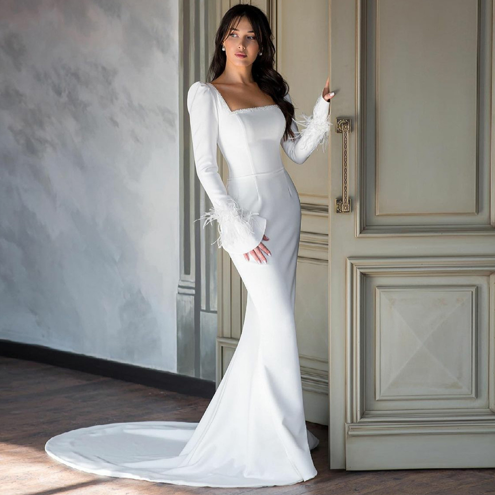 Elegant Flare Sleeve Mermaid Wedding Dresses Beaded Square Neck Bridal Gowns Feather Cuff Satin Church Sweep Train Vestido De Novia