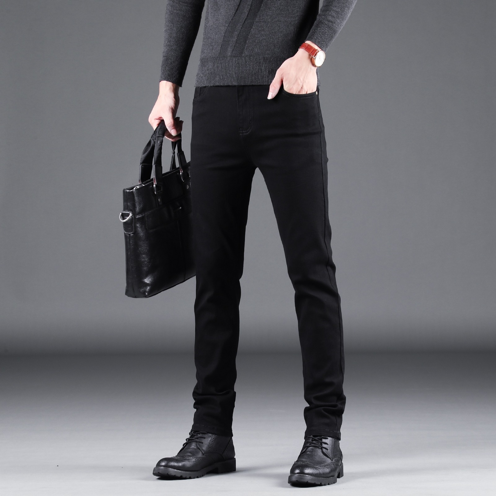 Mens Jeans Cotton Denim Pants Business Casual Elasticity Oversized Classic Style Trousers Clothing Male Black Blue 230420