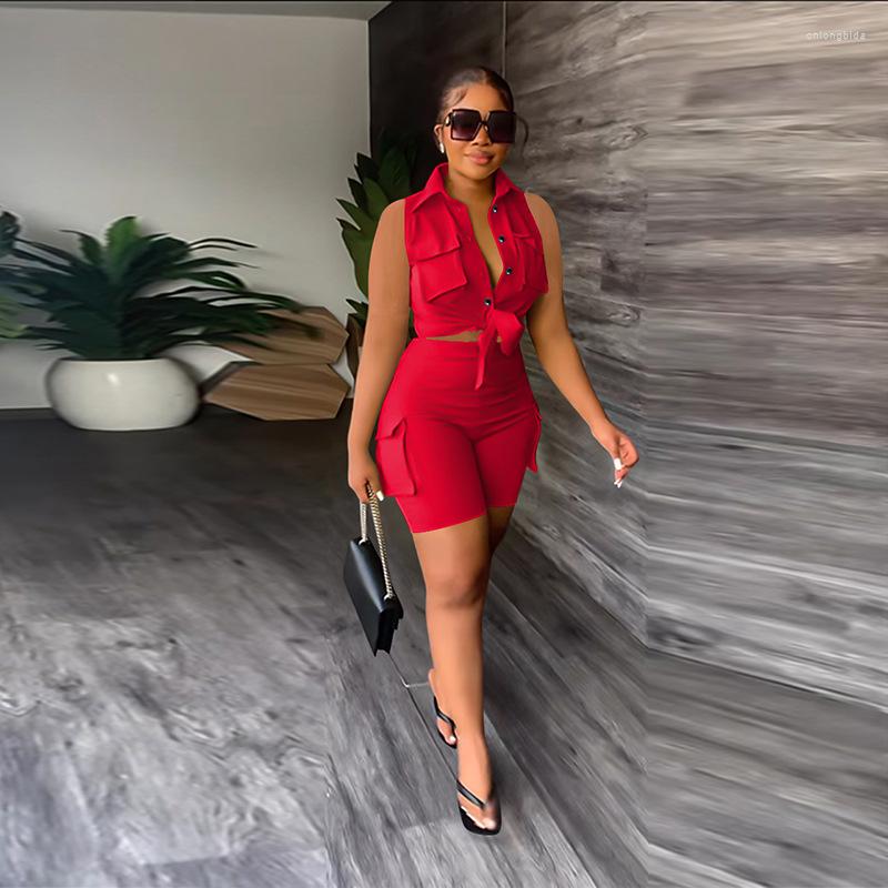 Women's Tracksuits GPBD 2023 Sleeveless Lapel Short Top Elastic Pants Two Piece Sets Casual Street Style Pure Color Women Suit